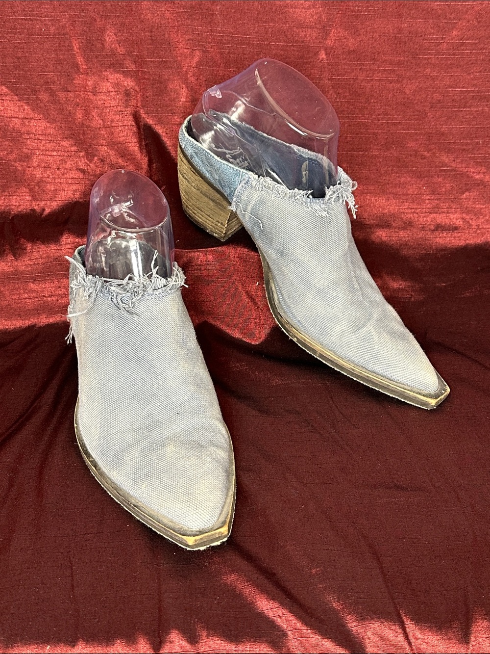 Free People Denim Cowboy Mule Boots Frayed Pointed Toe sz 7.5 ✨🤠